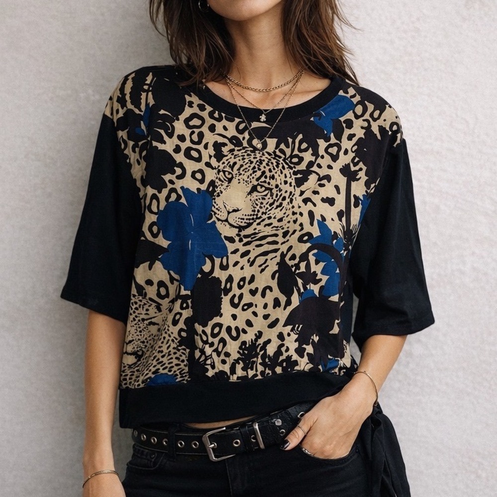 Sonia Rykiel Vintage Leopard‎ Floral Print Tie Waist Top Women Size M Black Blue